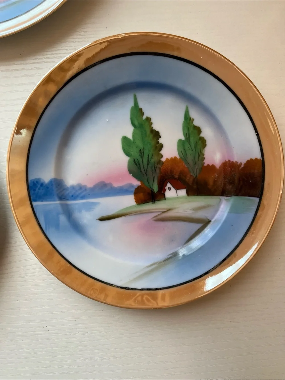 5 Trico Nagoya Japan Lusterware Plates Hand Paint Sunset Cottage Landscape 1930s